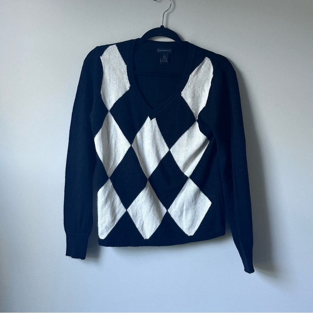 Rafaella Black and White Diamond V-Neck Sweater Women’s Size L